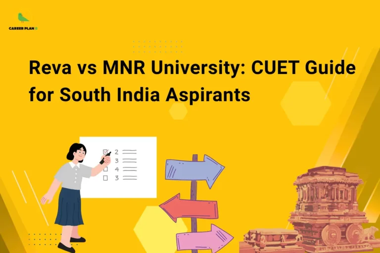 this image contains a yellow educational banner with the Career Plan B logo at the top left and the text “Reva vs MNR University: CUET Guide for South India Aspirants,” alongside illustrations of a student marking a checklist, a directional signpost with arrows, and a temple structure, representing CUET college comparison, decision-making, and higher education options in South India.