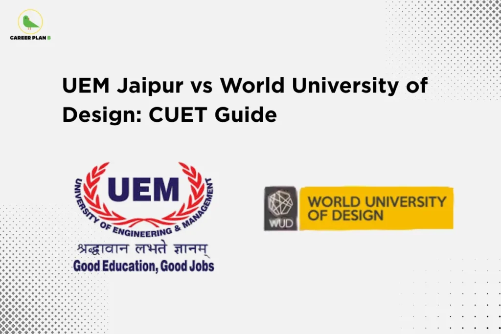 Comparison graphic for UEM Jaipur vs World University of Design (WUD) with CUET guide text and institutional logos.