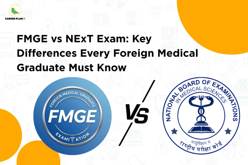 this image contains a medical education comparison banner with the heading “FMGE vs NExT Exam: Key Differences Every Foreign Medical Graduate Must Know,” Career Plan B logo at top left, a background of healthcare and learning icons, a blue FMGE (Foreign Medical Graduate Examination) emblem on the left, the National Board of Examinations in Medical Sciences logo on the right, and a bold “vs” symbol at the center, representing a comparison of FMGE and NExT licensing exams for foreign medical graduates seeking medical practice in India.