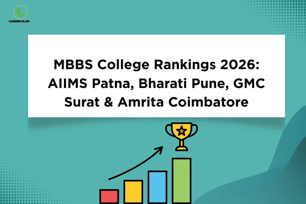 This image contains a teal green background with dotted pattern accents and soft gradient shapes. In the top left corner, there is the “CAREER PLAN B” logo featuring a green bird inside a yellow circle with black text and a green “B.” Across the upper-middle section, a large white rectangular box displays bold black text reading “MBBS College Rankings 2026: AIIMS Patna, Bharati Pune, GMC Surat & Amrita Coimbatore.” Below the text, there is an illustration of a rising bar graph with an upward arrow leading to a trophy, symbolizing rankings, performance, and achievement.