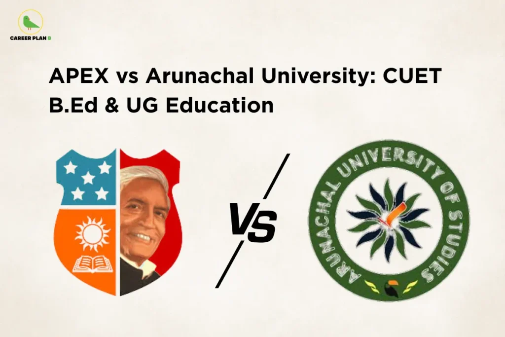 Comparison graphic titled "APEX vs Arunachal University: CUET B.Ed & UG Education" on a light background. The Career Plan B logo appears in the top-left corner. The APEX University logo is displayed on the left, while the Arunachal University of Studies logo is shown on the right, separated by a bold "VS" symbol, highlighting a comparison of CUET-based B.Ed and undergraduate education programs.