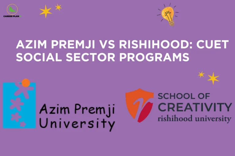 Comparison graphic titled "AZIM PREMJI VS RISHIHOOD: CUET SOCIAL SECTOR PROGRAMS" on a purple background with decorative stars and a lightbulb illustration. The Career Plan B logo appears in the top-left corner. The lower section displays the logos of Azim Premji University and Rishihood University School of Creativity, highlighting a comparison of CUET-based social sector and interdisciplinary programs offered by the two institutions.