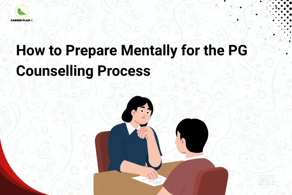 This image features a clean light-grey background with subtle decorative patterns, creating a calm and professional appearance. The “CAREER PLAN B” logo is positioned in the top-left corner, while large bold black text across the upper section reads: “How to Prepare Mentally for the PG Counselling Process.” In the center of the image, an illustration shows two individuals engaged in a discussion across a desk, symbolizing guidance, counselling, and emotional support during the admission journey. The thoughtful expression of the seated candidate reflects the uncertainty, anxiety, and decision-making challenges that many students experience during postgraduate admissions. The overall design emphasizes the psychological and emotional aspects of the PG counselling process, highlighting the importance of managing expectations, staying informed, reducing stress, maintaining confidence, and approaching counselling decisions with a clear and positive mindset.