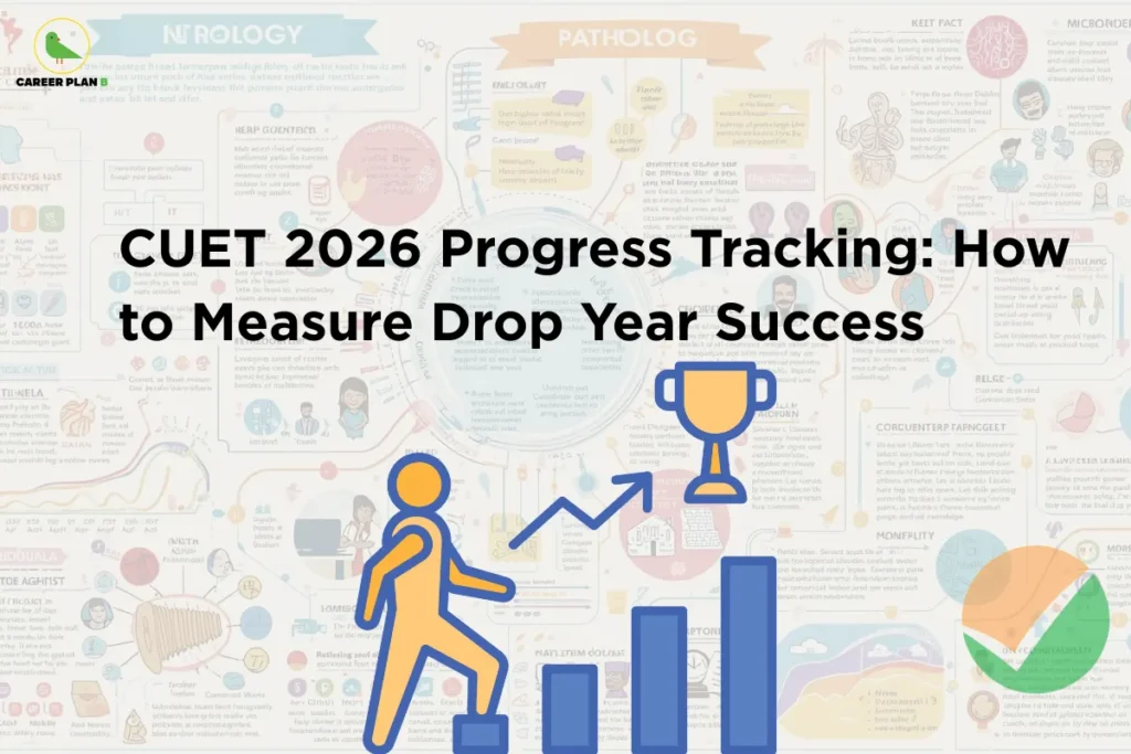 this image contains a light infographic-style educational banner with the heading “CUET 2026 Progress Tracking: How to Measure Drop Year Success,” Career Plan B logo at top left, a background filled with charts, diagrams, and study visuals, and foreground icons showing a person climbing a bar graph toward a trophy with an upward arrow, alongside a National Testing Agency checkmark symbol, representing exam preparation, performance tracking, goal achievement, and measuring progress during a CUET drop year journey