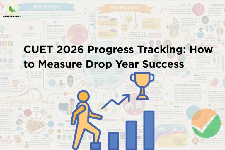 this image contains a light infographic-style educational banner with the heading “CUET 2026 Progress Tracking: How to Measure Drop Year Success,” Career Plan B logo at top left, a background filled with charts, diagrams, and study visuals, and foreground icons showing a person climbing a bar graph toward a trophy with an upward arrow, alongside a National Testing Agency checkmark symbol, representing exam preparation, performance tracking, goal achievement, and measuring progress during a CUET drop year journey