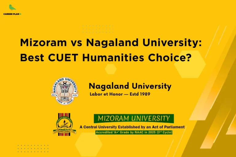 this image contains a bright yellow educational comparison banner with the heading “Mizoram vs Nagaland University: Best CUET Humanities Choice?,” Career Plan B logo at top left, and official logos and names of Nagaland University and Mizoram University, including the text “Labor et Honor — Estd 1989,” “A Central University Established by an Act of Parliament,” and “Accredited ‘A+’ Grade by NAAC in 2025 (3rd Cycle),” representing a CUET humanities admissions comparison between the two central universities.