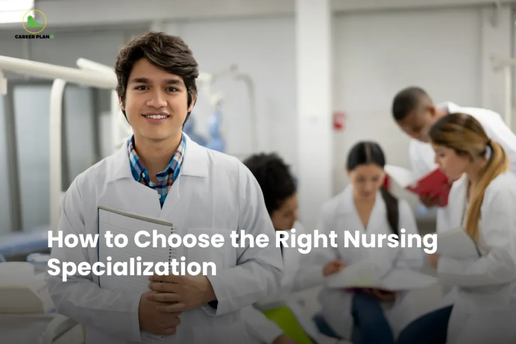 Smiling nursing student in a lab coat holding a notebook with classmates studying in the background under the title “How to Choose the Right Nursing Specialization,” representing guidance on selecting the best nursing specialization career path.