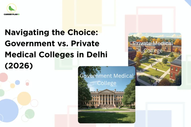 This image features a clean light-grey background with subtle geometric shapes and circular design elements that create a modern and informative look. The “CAREER PLAN B” logo is positioned in the top-left corner, while large bold black text on the left side reads: “Navigating the Choice: Government vs. Private Medical Colleges in Delhi (2026).” On the right side, two campus illustrations are displayed for comparison: one labeled “Government Medical College” showing a traditional academic institution, and the other labeled “Private Medical College” depicting a modern campus environment. The side-by-side visual arrangement emphasizes the key differences students consider when choosing between government and private medical colleges. The overall design highlights a comparative guide for MBBS aspirants in Delhi, focusing on important factors such as admission requirements, NEET cutoffs, tuition fees, infrastructure, clinical exposure, seat availability, and long-term career prospects to help students make an informed admission decision in 2026.