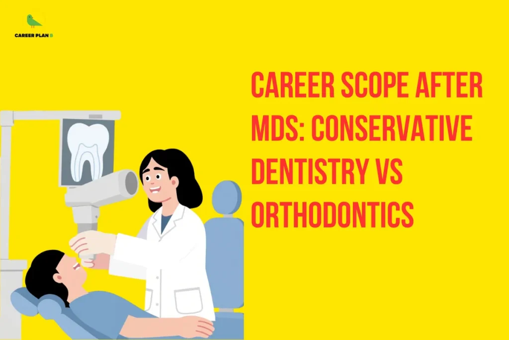 The Career Plan B logo appears in the top-left corner. The banner features the headline “Career Scope After MDS: Conservative Dentistry vs Orthodontics” in large bold red text against a bright yellow background. On the left, a dentist performs a dental examination on a patient seated in a dental chair, with a dental X-ray of a tooth displayed on a monitor. The design represents MDS specializations, Conservative Dentistry, Orthodontics, dental education, career opportunities, postgraduate dental courses, and choosing the right dental specialization after MDS.