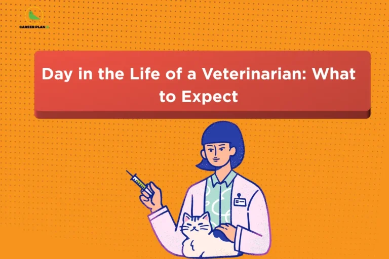 The Career Plan B logo appears in the top-left corner. The banner features the headline “Day in the Life of a Veterinarian: What to Expect” in large bold white text inside a red rounded rectangle against an orange dotted background. Below the title, an illustrated veterinarian wearing a white lab coat holds a syringe while gently examining a cat. The design represents the daily responsibilities of a veterinarian, animal healthcare, veterinary practice, pet care, clinical procedures, and career insights for aspiring veterinary professionals.