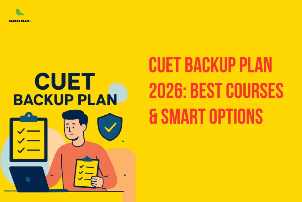 Career Plan B graphic titled “CUET Backup Plan 2026: Best Courses & Smart Options”, featuring a student with a checklist, laptop, and shield imagery.