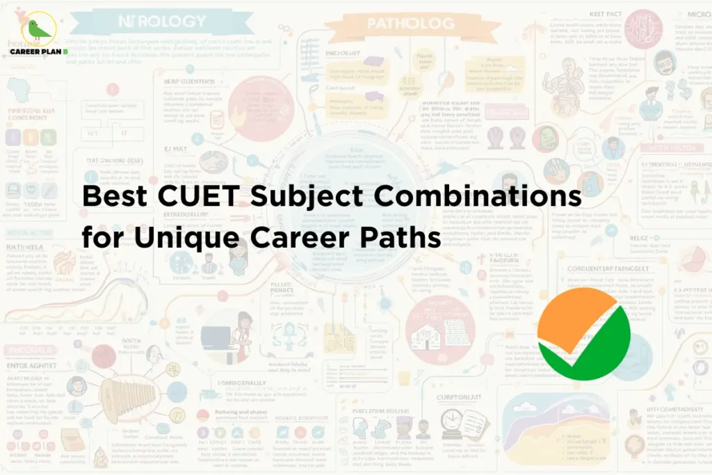 Career Plan B graphic titled “Best CUET Subject Combinations for Unique Career Paths”, featuring a medical/academic infographic-style background and the Career Plan B branding.