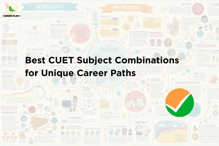 Career Plan B graphic titled “Best CUET Subject Combinations for Unique Career Paths”, featuring a medical/academic infographic-style background and the Career Plan B branding.
