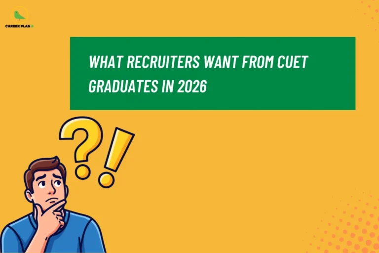 Career Plan B graphic titled “What Recruiters Want From CUET Graduates in 2026”, with a yellow background, green title panel, and an illustrated student looking thoughtful beside question marks.