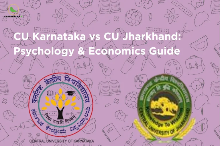 An infographic titled "CU Karnataka vs CU Jharkhand: Psychology & Economics Guide" featuring the Career Plan B logo. The graphic displays the official circular emblem of the Central University of Karnataka on the bottom left and the official circular emblem of the Central University of Jharkhand on the bottom right over a light purple background patterned with subtle educational doodles like clocks, books, and protractors.