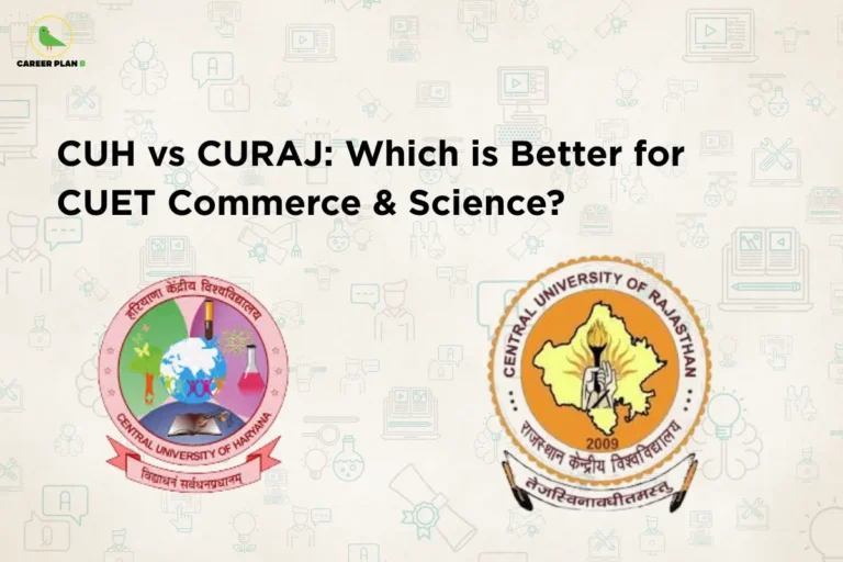 An infographic titled "CUH vs CURAJ: Which is Better for CUET Commerce & Science?" featuring the Career Plan B logo. The graphic displays the official circular emblem of the Central University of Haryana on the bottom left and the official circular emblem of the Central University of Rajasthan (CURAJ) on the bottom right over a cream background patterned with subtle educational line icons.