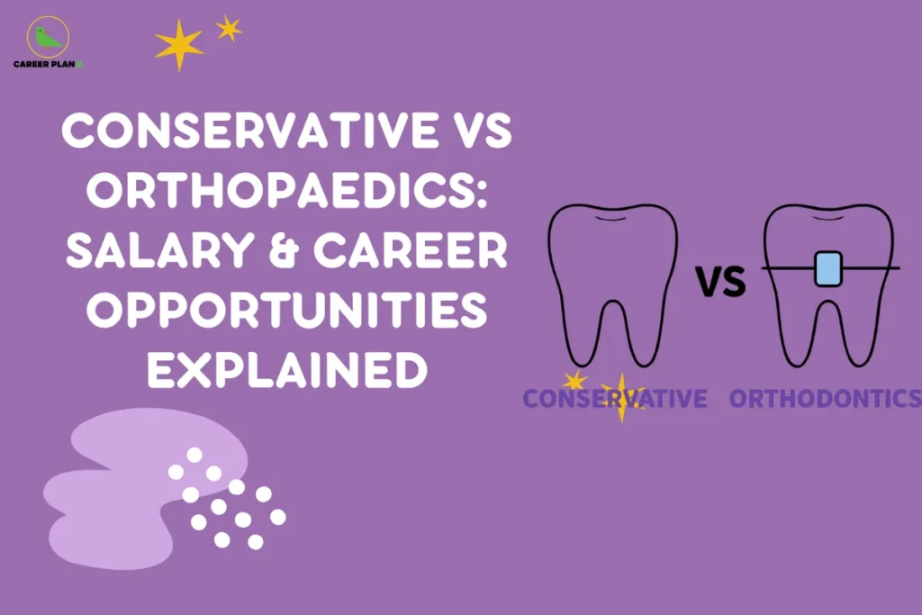 An infographic titled "CONSERVATIVE VS ORTHOPAEDICS: SALARY & CAREER OPPORTUNITIES EXPLAINED" featuring the Career Plan B logo. The graphic features a side-by-side comparison with simple tooth line drawings: a plain tooth on the left labeled "CONSERVATIVE" and a tooth with dental braces on the right labeled "ORTHODONTICS", set against a purple background with abstract shapes and yellow stars.