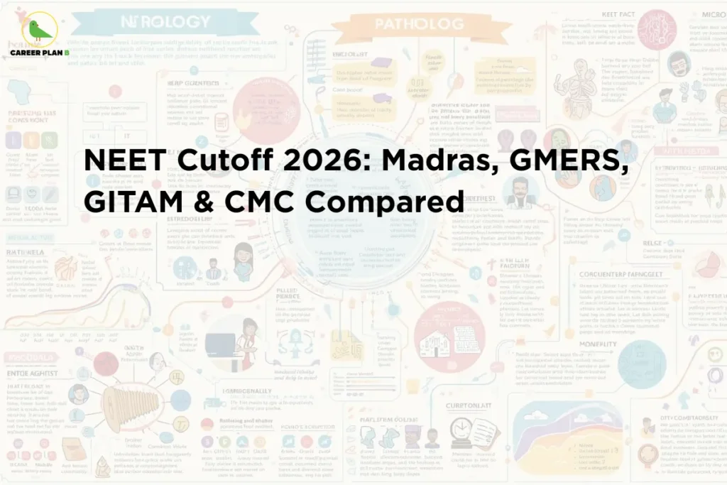 Educational banner titled "NEET Cutoff 2026: Madras, GMERS, GITAM & CMC Compared" displayed in bold black text at the center of the image. The Career Plan B logo appears in the top-left corner. The background features a faded medical infographic containing illustrations of human anatomy, pathology, neurology, medical charts, healthcare concepts, and educational diagrams, creating a strong medical and academic theme. The light-colored overlay ensures the title remains prominent and easy to read. The graphic focuses on comparing NEET 2026 cutoff trends, admission competitiveness, and expected score requirements across major medical institutions, including Madras Medical College, GMERS medical colleges, GITAM Institute of Medical Sciences, and Christian Medical College (CMC). It is designed to help medical aspirants evaluate admission prospects, understand cutoff variations, and make informed college selection decisions during the NEET counselling process.