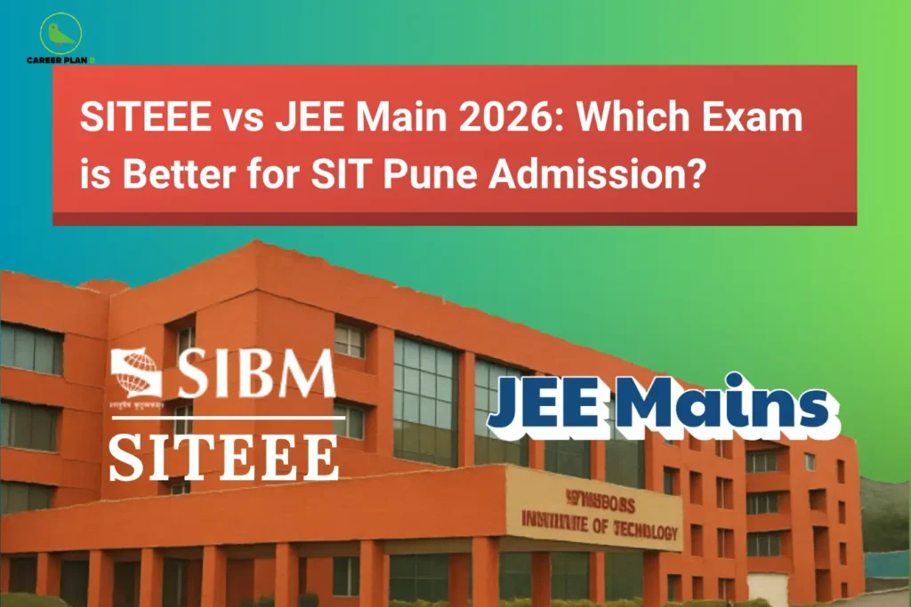 this image contains a comparison banner titled “SITEEE vs JEE Main 2026: Which Exam is Better for SIT Pune Admission?” with the Career Plan B logo at top left, showing a red Symbiosis Institute of Technology building, “SIBM SITEEE” text on the left, and “JEE Mains” text on the right, representing a comparison between entrance exams for engineering admission at SIT Pune
