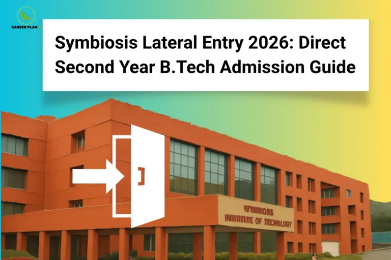 this image contains a career guidance banner titled “Symbiosis Lateral Entry 2026: Direct Second Year B.Tech Admission Guide” with the Career Plan B logo at top left, showing a Symbiosis Institute of Technology campus building with a large door and arrow icon indicating entry, representing direct second-year B.Tech admission and lateral entry process for Symbiosis 2026