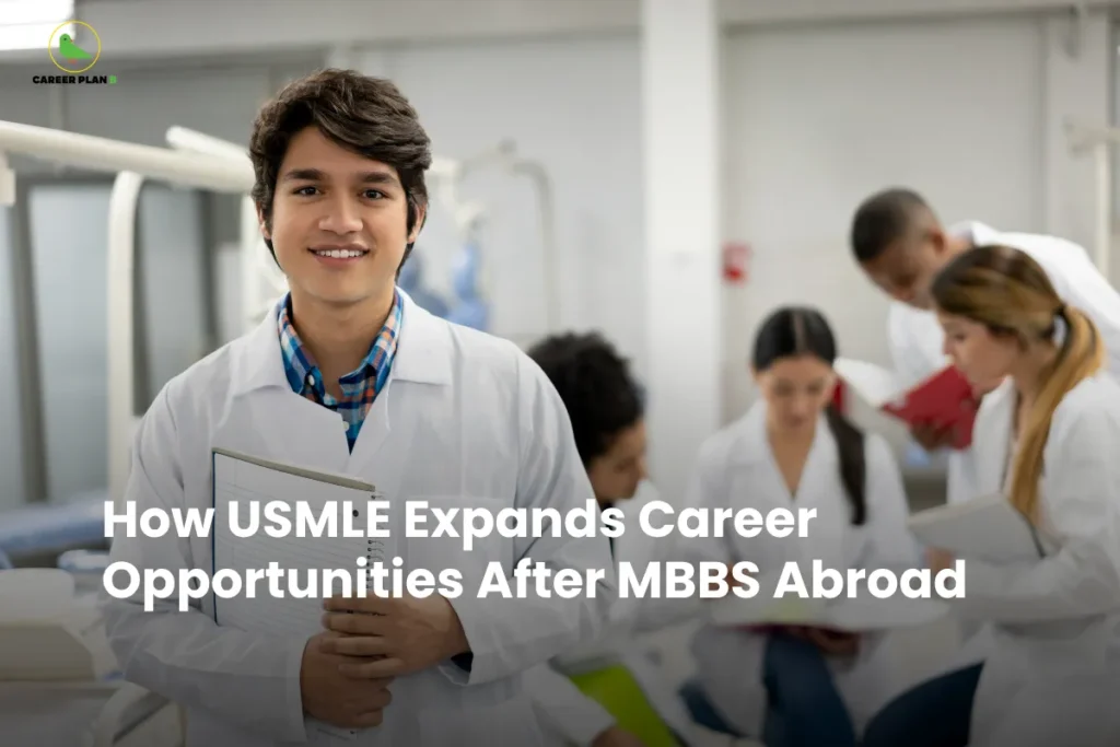 Medical student in lab coat with peers in clinical setting illustrating how USMLE expands career opportunities after MBBS abroad through global residency and licensing pathways