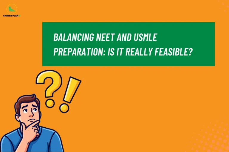 Student thinking with question marks illustrating balancing NEET and USMLE preparation, highlighting feasibility, study strategy, and dual exam planning for medical aspirants
