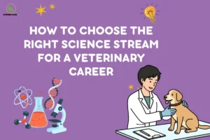 Illustration of student choosing science subjects with veterinarian treating a dog, representing science stream for veterinary career and subject selection for aspiring veterinarians