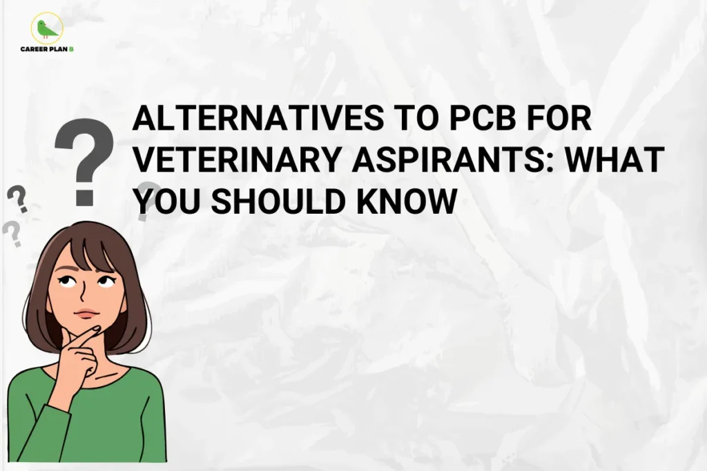 Student thinking with question marks illustrating alternatives to PCB for veterinary, highlighting different career paths and subject options for veterinary aspirants