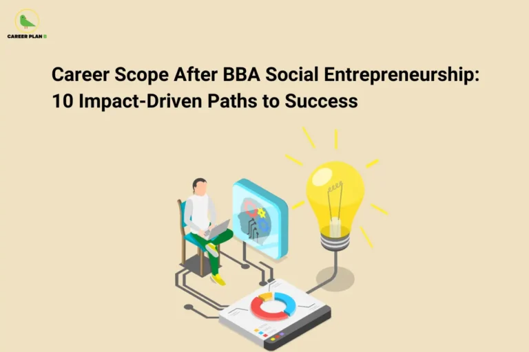 The Career Plan B logo, featuring a green bird inside a yellow circle with the brand name below it, appears in the top-left corner. The image is titled "Career Scope After BBA Social Entrepreneurship: 10 Impact-Driven Paths to Success" and shows an entrepreneur working on a laptop with innovation and analytics graphics beside a glowing light bulb, representing social innovation and impact-driven careers.