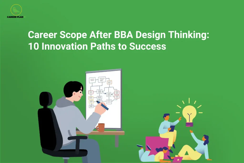 The Career Plan B logo, featuring a green bird inside a yellow circle with the brand name below it, appears in the top-left corner. The image is titled "Career Scope After BBA Design Thinking: 10 Innovation Paths to Success" and shows a professional mapping ideas on a whiteboard while a team collaborates around a glowing light bulb, representing design thinking, creativity, and innovation-driven careers.