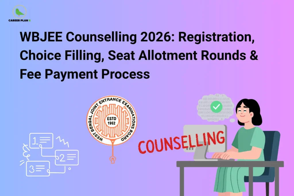 Career Plan B infographic titled "WBJEE Counselling 2026: Registration, Choice Filling, Seat Allotment Rounds & Fee Payment Process" featuring a student completing an online application and the official WBJEEB logo.