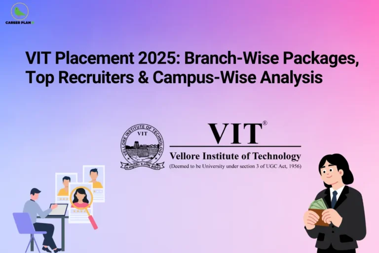 An infographic titled "VIT Placement 2025: Branch-Wise Packages, Top Recruiters & Campus-Wise Analysis" featuring the Career Plan B logo. The graphic displays the official logo and seal of VIT (Vellore Institute of Technology) in the center, an illustration of a professional evaluating user candidates on a computer on the bottom left, and an illustration of a corporate business professional holding cash on the bottom right.