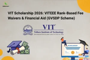 Infographic titled "VIT Scholarship 2026: VITEEE Rank-Based Fee Waivers & Financial Aid (GVSDP Scheme)" with the Career Plan B logo. The graphic features the VIT (Vellore Institute of Technology) logo and seal, a graduation cap with a diploma and money bills on the left, and a monitor displaying a "SCHOLARSHIP" certificate with students on the right, against a light-grey background.