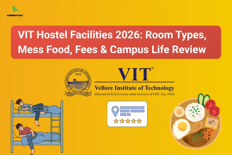 Infographic titled "VIT Hostel Facilities 2026: Room Types, Mess Food, Fees & Campus Life Review" with the Career Plan B logo. The graphic features the VIT (Vellore Institute of Technology) logo and seal, an illustration of students on a bunk bed on the left, a 5-star rating icon in the center, and a plate of food on the right, against a yellow background.