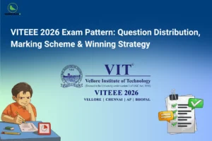 Infographic titled "VITEEE 2026 Exam Pattern: Question Distribution, Marking Scheme & Winning Strategy" with the Career Plan B logo. The graphic features the VIT (Vellore Institute of Technology) logo and seal with "VITEEE 2026 VELLORE | CHENNAI | AP | BHOPAL" centered beneath it. It displays an illustration of a student writing at a desk with a clock on the bottom left, and a checklist clipboard with a green checkmark on the bottom right, all against a blue gradient background.
