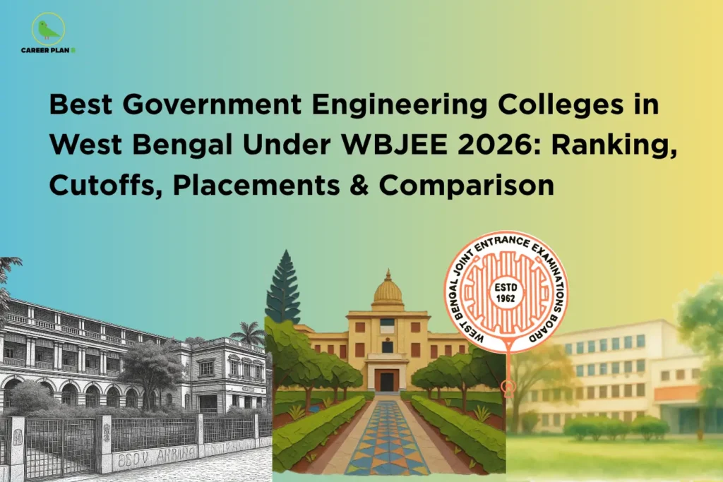 Career Plan B infographic titled "Best Government Engineering Colleges in West Bengal Under WBJEE 2026: Ranking, Cutoffs, Placements & Comparison" featuring illustrations of various government college campuses and the WBJEEB logo.