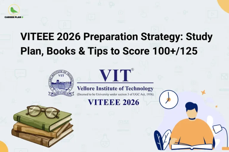 Infographic titled "VITEEE 2026 Preparation Strategy: Study Plan, Books & Tips to Score 100+/125" with the Career Plan B logo. The graphic features the central VIT (Vellore Institute of Technology) logo and seal with "VITEEE 2026" underneath. It includes an illustration of a stack of books with eyeglasses on top on the bottom left, and a student reading a book with a clock icon above them on the bottom right, set against a light background patterned with education icons.