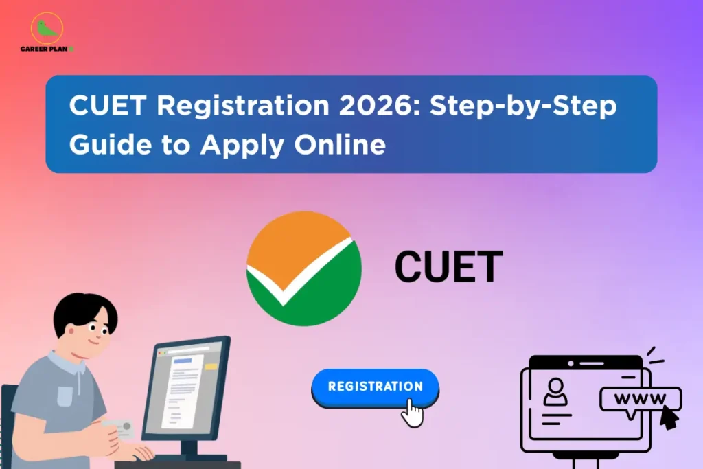 An infographic titled "CUET Registration 2026: Step-by-Step Guide to Apply Online" featuring a candidate filling out his cuet registration 2026 form on a computer, alongside a digital registration button and the official CUET checkmark logo, set against a vibrant purple-to-pink gradient background.