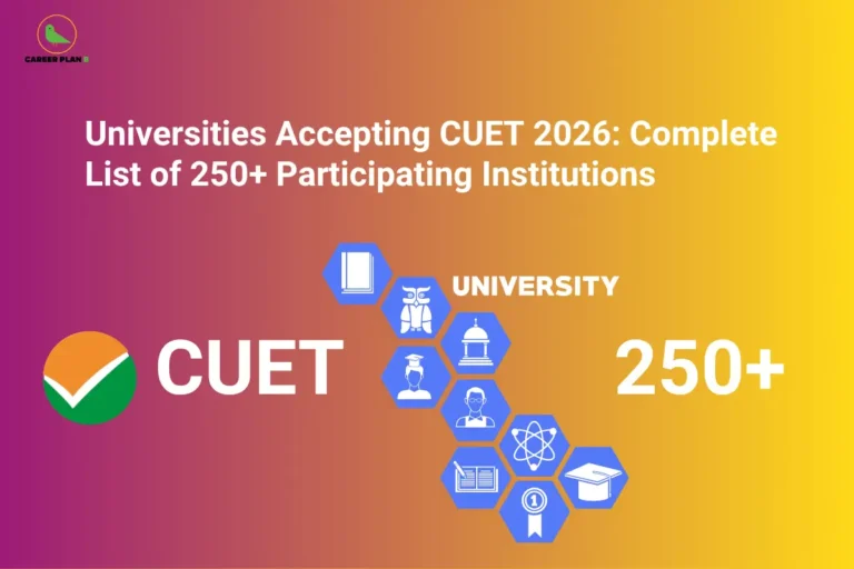 Alt Text for File: 277.webp An infographic titled "Universities Accepting CUET 2026: Complete List of 250+ Participating Institutions" showcasing the universities accepting cuet score via blue hexagonal academic icons representing graduation caps, books, and campus buildings, positioned next to the prominent text "250+" and the official CUET checkmark logo against a purple-to-yellow gradient background.
