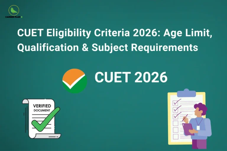 An infographic titled "CUET Eligibility Criteria 2026: Age Limit, Qualification & Subject Requirements" illustrating the cuet eligibility criteria details, featuring a checklist clipboard on the right and a "VERIFIED DOCUMENT" scroll with a large green checkmark on the left, set against a dark teal background.