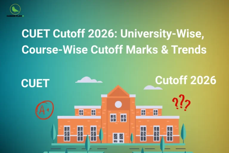 An infographic titled "CUET Cutoff 2026: University-Wise, Course-Wise Cutoff Marks & Trends" highlighting expected cuet cutoff 2026 updates, featuring an illustration of a brick school campus building centered between an "A+" grade mark and red question marks, set against a teal-to-yellow gradient background.