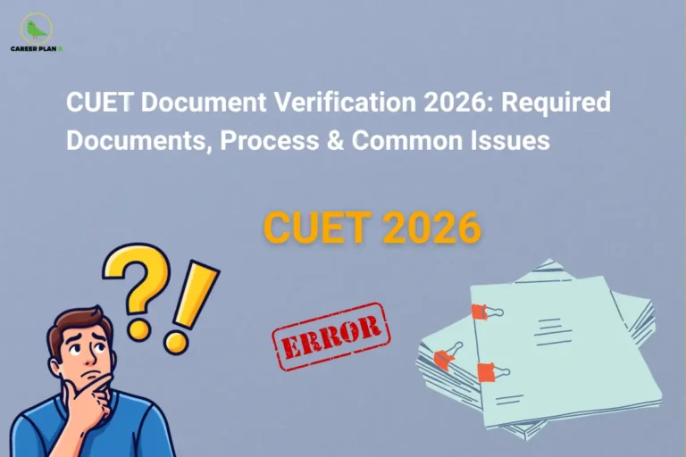 An infographic titled "CUET Document Verification 2026: Required Documents, Process & Common Issues" highlighting details on the cuet documents verification process, featuring an illustration of a thoughtful student next to a red "ERROR" stamp icon and a stack of paperwork secured by binder clips on the right, set against a solid muted grey-blue background.