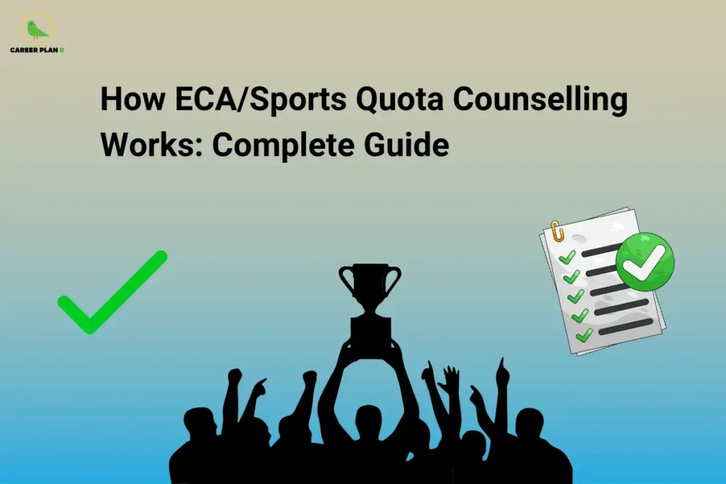 This image features a light grey-to-blue gradient background with the “CAREER PLAN B” logo positioned in the top-left corner. At the top center, bold black text reads: “How ECA/Sports Quota Counselling Works: Complete Guide.” In the lower section, a silhouette of a group of individuals celebrating while lifting a trophy symbolizes achievements in sports and extracurricular activities. On the left side, a large green check mark represents eligibility and successful qualification, while on the right side, a checklist with multiple completed items and a green approval symbol highlights document verification and counselling requirements. The overall design illustrates a comprehensive guide to ECA and Sports Quota counselling, focusing on eligibility criteria, certificate verification, reservation benefits, seat allocation procedures, and the admission process for students seeking admission through extracurricular and sports achievements.