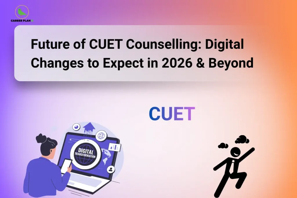 This image features a vibrant purple-to-orange gradient background with the “CAREER PLAN B” logo positioned in the top-left corner. A large white banner across the upper section contains bold black text reading: “Future of CUET Counselling: Digital Changes to Expect in 2026 & Beyond.” In the center, the word “CUET” is prominently displayed, emphasizing the focus on the Common University Entrance Test admission ecosystem. On the left side, an illustration of a student interacting with a laptop displaying “Digital Transformation” symbolizes the increasing adoption of technology, automation, and online platforms in the counselling process. On the right side, a dynamic figure represents progress, adaptability, and the evolving student experience in a digitally driven admission environment. The overall design highlights the future of CUET counselling, focusing on expected technological advancements such as AI-powered guidance, streamlined seat allocation systems, enhanced digital verification, real-time updates, and more efficient online admission processes for students in 2026 and beyond.