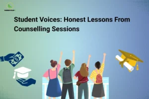 Banner by Career Plan B featuring its logo, titled "Student Voices: Honest Lessons From Counselling Sessions," with a group of students raising their hands, graduation symbols, and education-related icons, representing real student experiences, practical insights, and valuable lessons learned during college counselling and admission journeys.