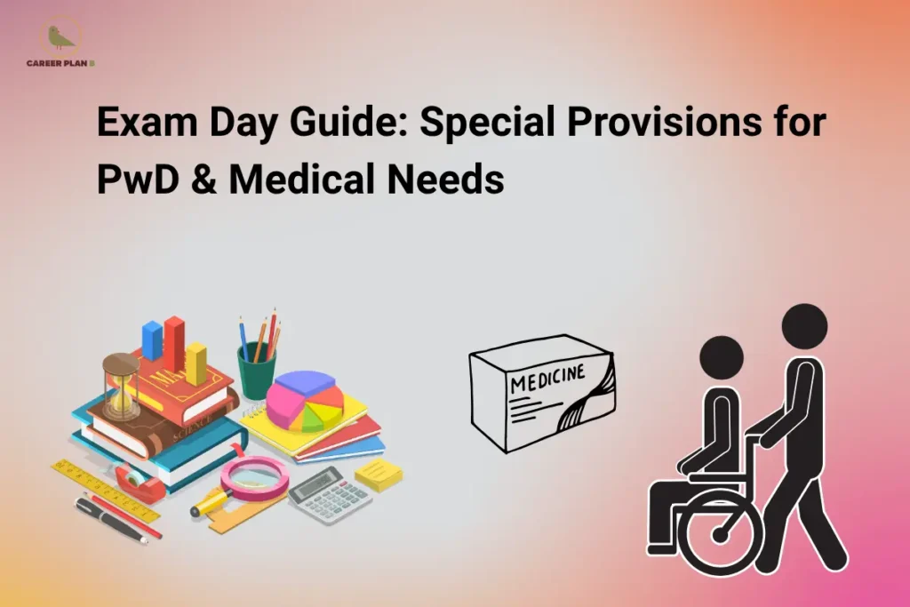 Career Plan B logo displayed in the top-left corner of a banner titled "Exam Day Guide: Special Provisions for PwD & Medical Needs." The graphic features educational materials and study tools on the left, a medicine box in the center, and a wheelchair assistance icon on the right. The design highlights exam-day accommodations, accessibility support, medical provisions, and special arrangements available for Persons with Disabilities (PwD) and candidates with approved medical requirements during examinations.