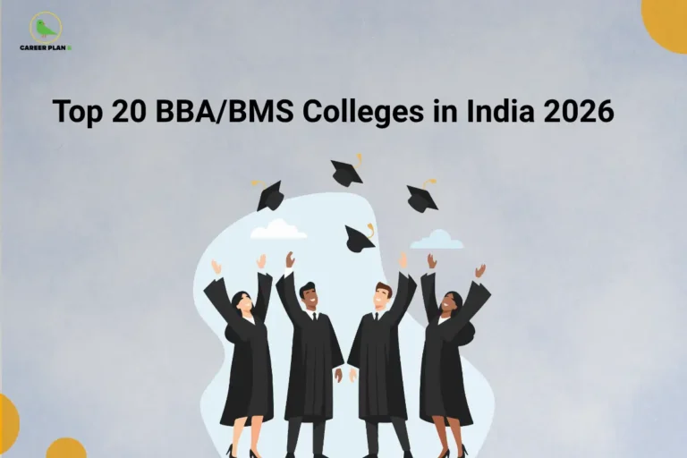 This image features a light gray textured background with the Career Plan B logo in the top-left corner and a large black title reading “Top 20 BBA/BMS Colleges in India 2026” centered near the top. Below the title, four graduates wearing black academic gowns are shown celebrating with raised hands while tossing graduation caps into the air. A light abstract shape and small cloud illustrations appear behind them, while yellow circular decorative elements are placed in the corners of the image.