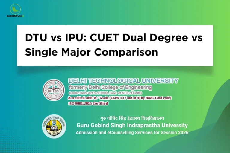 This image features a green gradient background with a modern academic design. In the top left corner, the “CAREER PLAN B” logo shows a green bird inside a yellow circle with the text “CAREER PLAN B.” At the top center, a white banner displays bold black text reading “DTU vs IPU: CUET Dual Degree vs Single Major Comparison.” In the lower section, Delhi Technological University (DTU) appears on the left with its logo, NAAC ‘A+’ grade accreditation, and ISO certification details, while Guru Gobind Singh Indraprastha University (IPU) is shown on the right with its logo, name in Hindi and English, and mention of admission and eCounselling services for the 2026 session, representing a comparison for CUET aspirants.