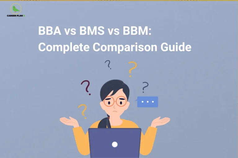 This image features a light blue textured background with the Career Plan B logo in the top-left corner and a large white title reading “BBA vs BMS vs BBM: Complete Comparison Guide” across the upper section. In the center, an illustration shows a person wearing glasses seated behind a laptop with raised hands and a confused expression. Multiple colorful question marks and a speech bubble icon surround the figure, visually emphasizing comparison and decision-making, while a thin decorative border runs along the top edge of the image.