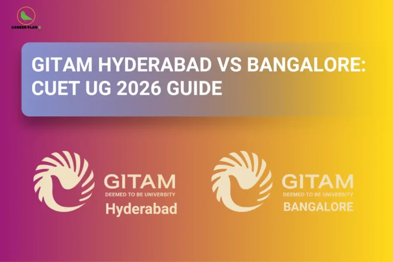 This image features a pink-to-yellow gradient background with a modern academic design. In the top left corner, the “CAREER PLAN B” logo shows a green bird inside a yellow circle with the text “CAREER PLAN B.” At the top center, a semi-transparent banner displays bold white text reading “GITAM Hyderabad vs Bangalore: CUET UG 2026 Guide.” In the lower section, GITAM (Deemed to be University) Hyderabad appears on the left with its logo and name, while GITAM (Deemed to be University) Bangalore is shown on the right with its logo and name, representing a comparison for CUET UG 2026 aspirants.